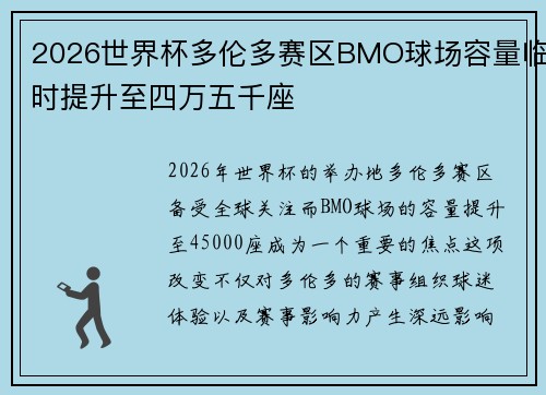 2026世界杯多伦多赛区BMO球场容量临时提升至四万五千座