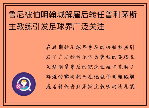 鲁尼被伯明翰城解雇后转任普利茅斯主教练引发足球界广泛关注 鲁尼被伯明翰城解雇后转任普利茅斯主教练引发足球界广泛关注