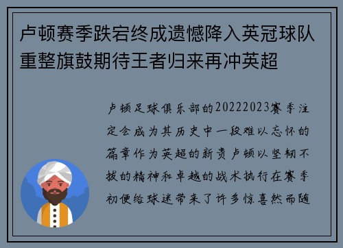 卢顿赛季跌宕终成遗憾降入英冠球队重整旗鼓期待王者归来再冲英超