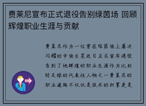 费莱尼宣布正式退役告别绿茵场 回顾辉煌职业生涯与贡献 费莱尼宣布正式退役告别绿茵场 回顾辉煌职业生涯与贡献